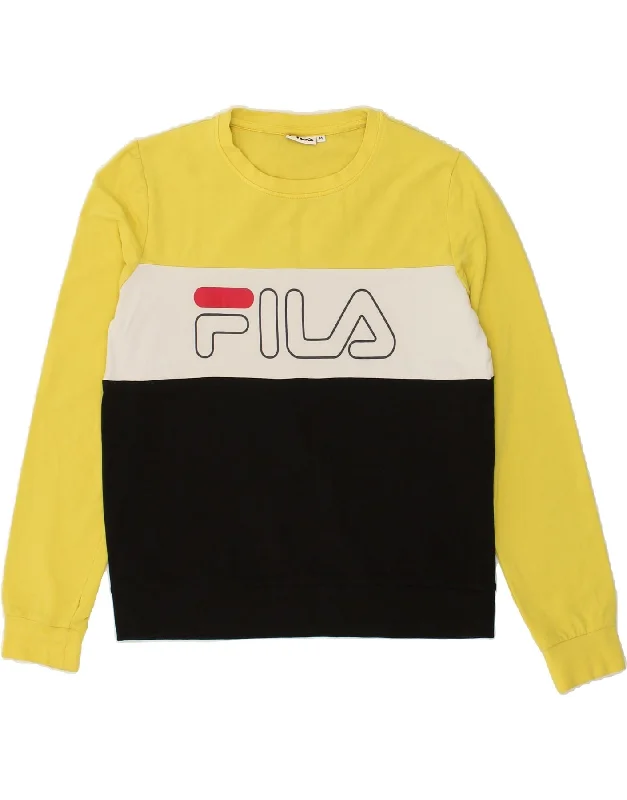 FILA Womens Graphic Sweatshirt Jumper UK 14 Medium Yellow Colourblock