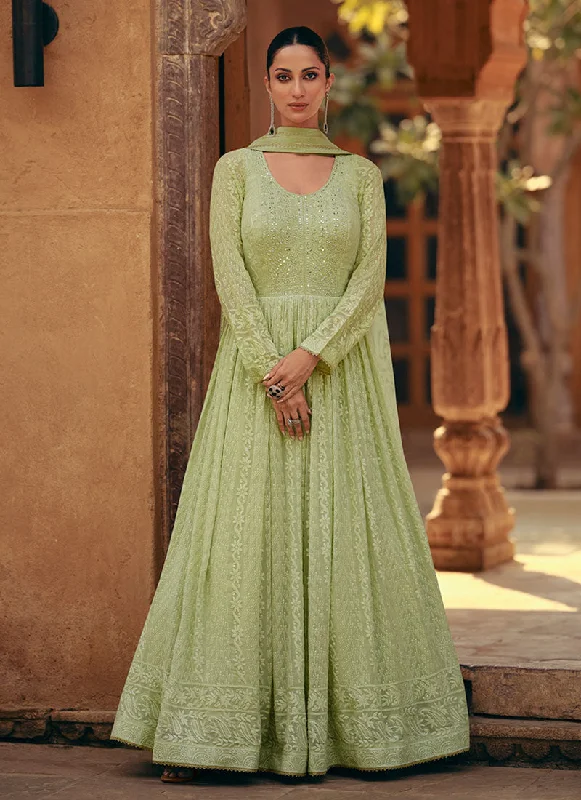 Pista Green Lucknowi Embroidery Anarkali Gown