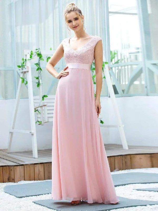 Women's Cute A-Line V Neck Embroidered Chiffon Bridesmaid Dress