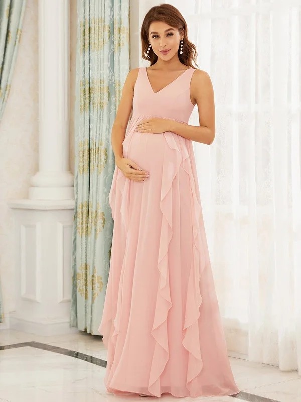 V-Neck Sleeveless Ruffled A-Line Maternity Dress