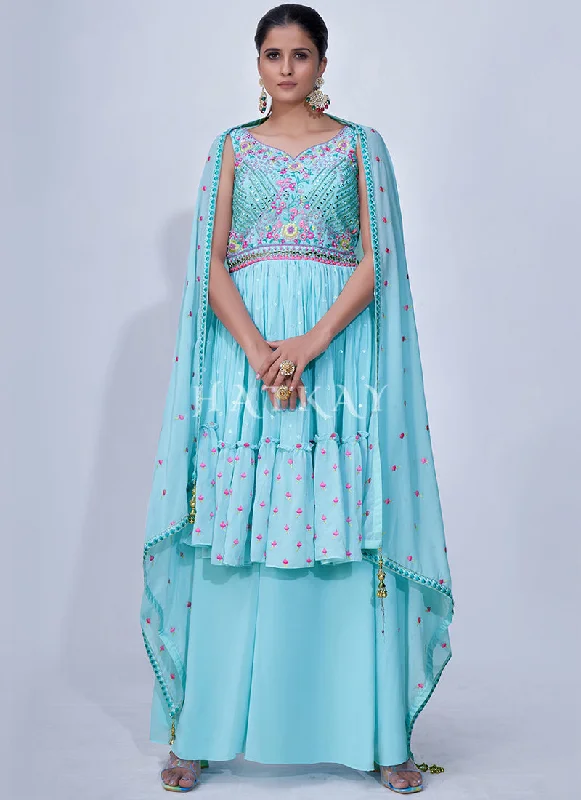 Light Blue Mirror Work Multi Embroidery Chiffon Palazzo Suit