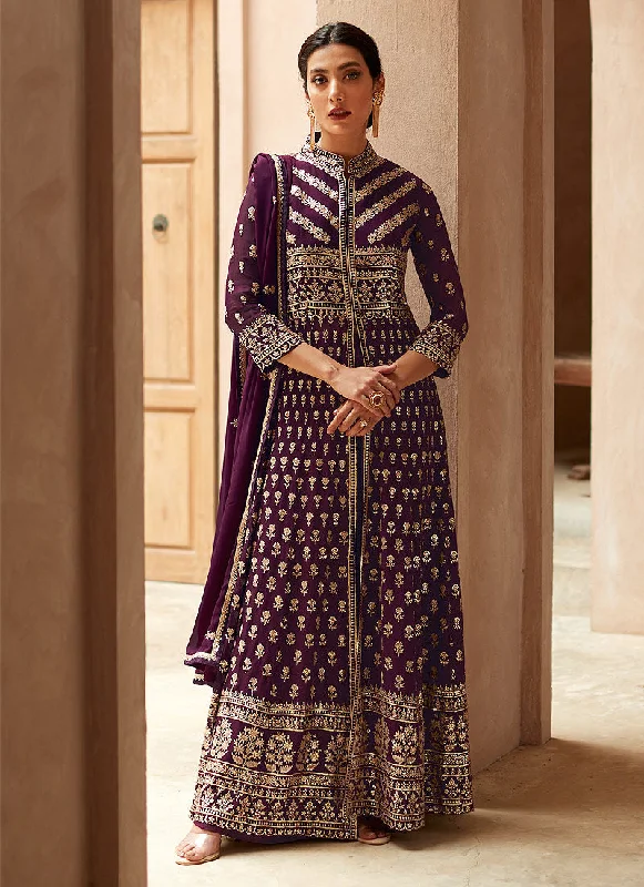 Deep Wine Georgette Embroidered Traditional Slit Style Pant Suit