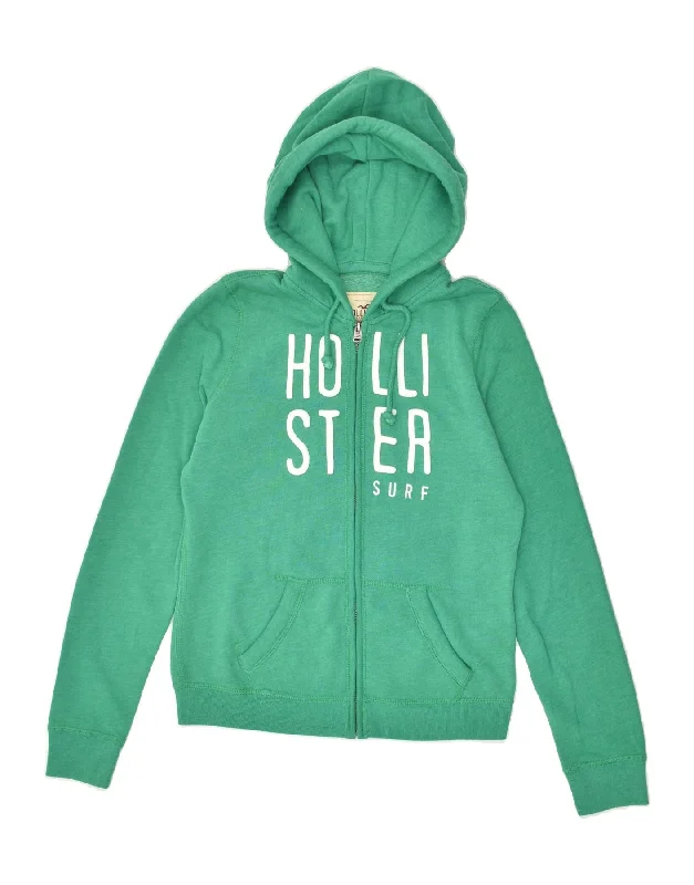 HOLLISTER Womens Graphic Zip Hoodie Sweater UK 8 Small Green Cotton