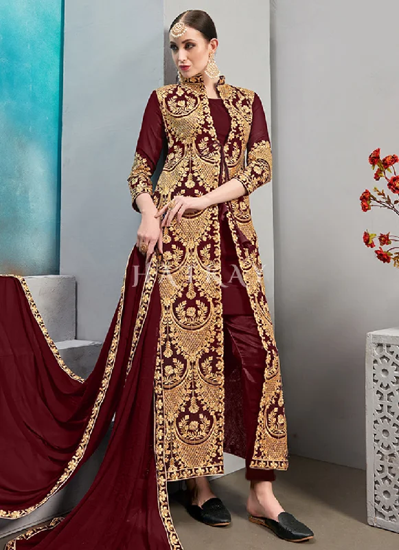 Maroon Embroidered Jacket Style Pant Suit