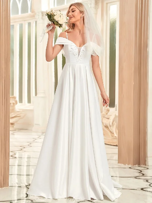 Floral Applique Cold Shoulder Sweetheart Wedding Dress