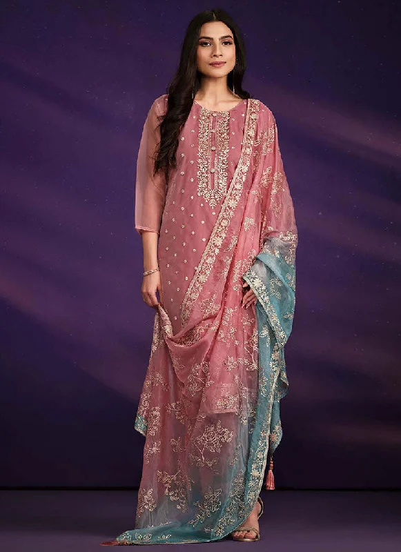 Pink And Blue Embroidered Salwar Kameez Suit