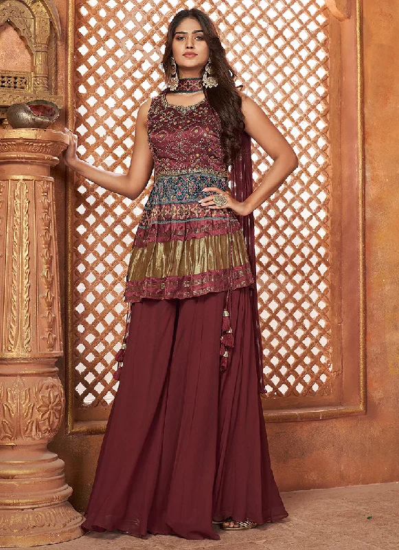 Maroon Multi Embroidery Traditional Gharara Style Suit