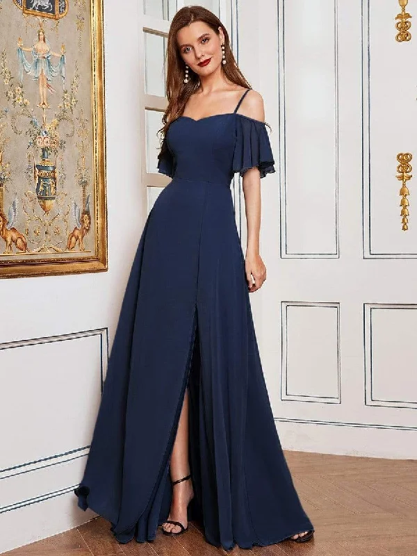 Stylish Cold Shoulder Flare Sleeves Flowy Bridesmaid Dress