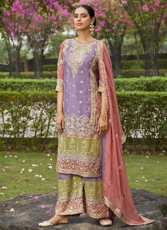 Lavender And Peach Mirror Work Embroidery Palazzo Suit