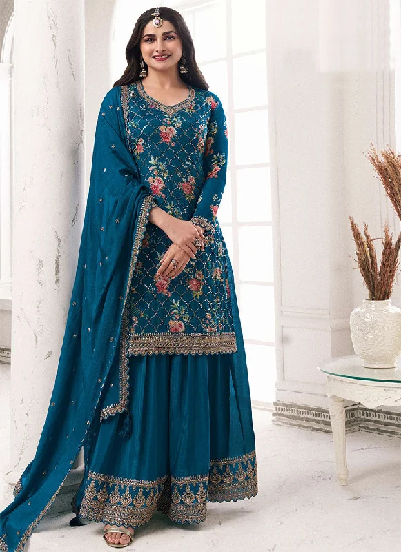 Turquoise Sequence Embroidery Floral Palazzo Suit