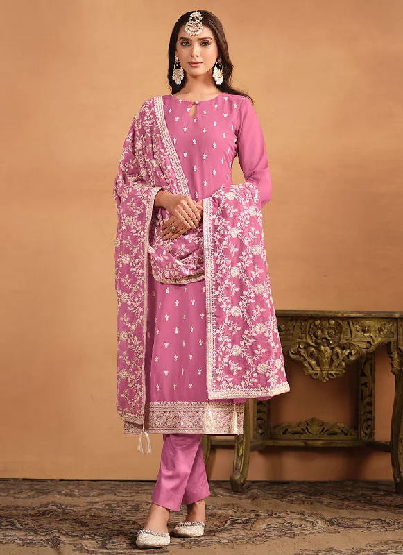 Pink Thread And Sequence Embroidery Pant Style Salwar Suit