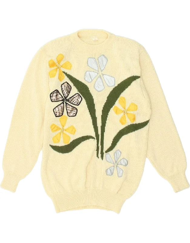 VINTAGE Womens Graphic Crew Neck Jumper Sweater EU 40 Medium Yellow Floral