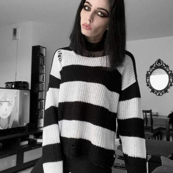 Casey Knit Sweater | Black / White Stripes Unisex Distressed