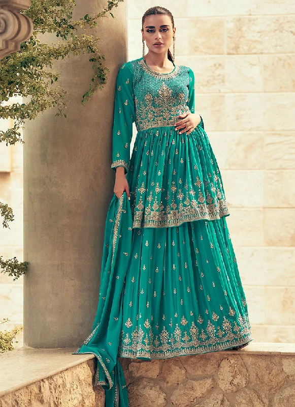 Teal Blue Reshamkari Embroidered Wedding Lehenga Kurti And Dupatta