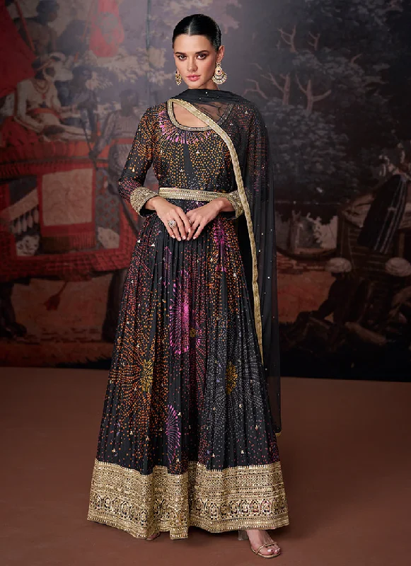 Black Sequence Embroidery Digital Printed Slit Style Anarkali Suit