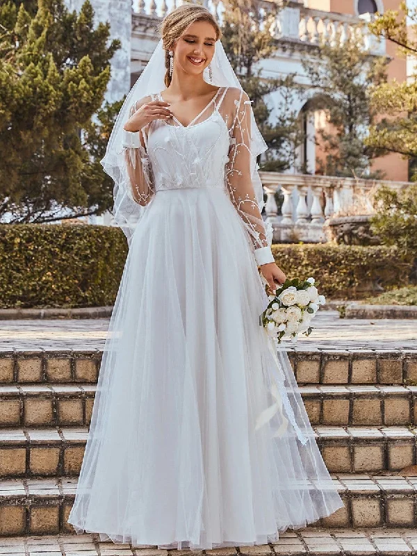 Romantic Sheer Bodice Lantern Sleeve Causal Tulle Wedding Dress