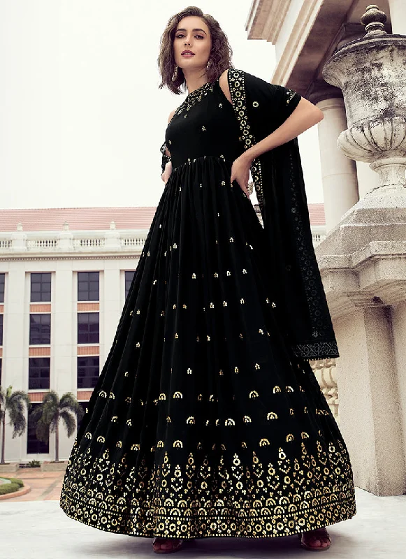 Black Golden Sequence Embroidery Wedding Anarkali Gown