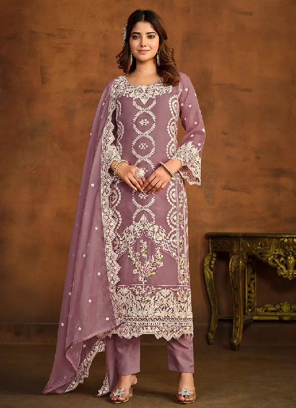 Purple Sequence Embroidery Traditional Pant Style Suit