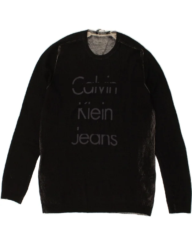 CALVIN KLEIN Womens Graphic Crew Neck Jumper Sweater UK 20 2XL Black Wool