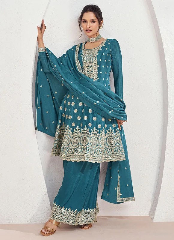 Turquoise Sequence Embroidery Anarkali Style Palazzo Suit