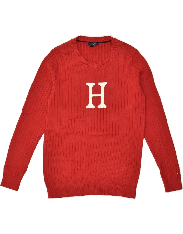 TOMMY HILFIGER Womens Graphic Boat Neck Jumper Sweater UK 18 XL Red Cotton