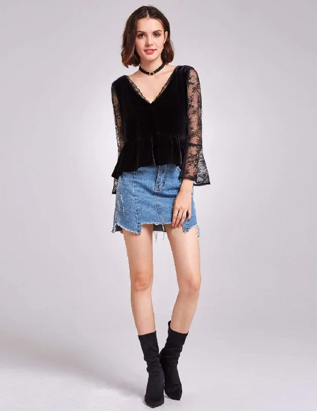 Alisa Pan Long Sleeves Lace and Velvet Top