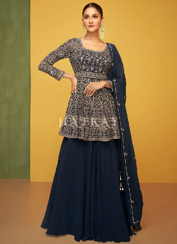 Navy Blue Embroidery Traditional Lehenga Kurti