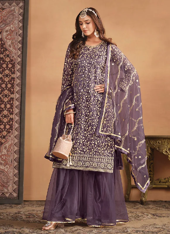 Purple Embroidery Net Gharara Suit