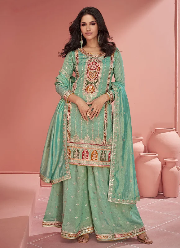 Green Multi Embroidery Gharara Style Palazzo Suit