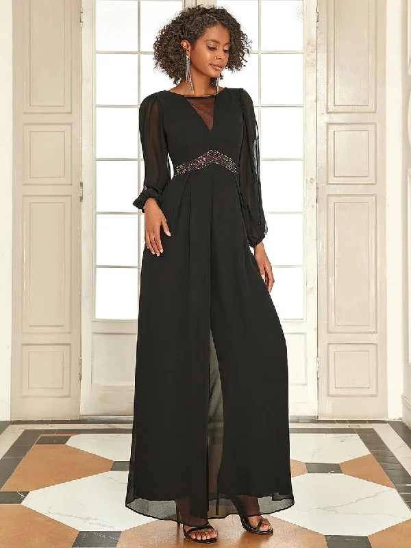 Floor-Length Chiffon Sequin Sheer Formal Jumpsuit