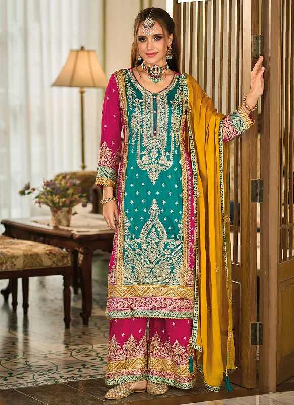 Turquoise Multicolored Traditional Embroidery Palazzo Suit