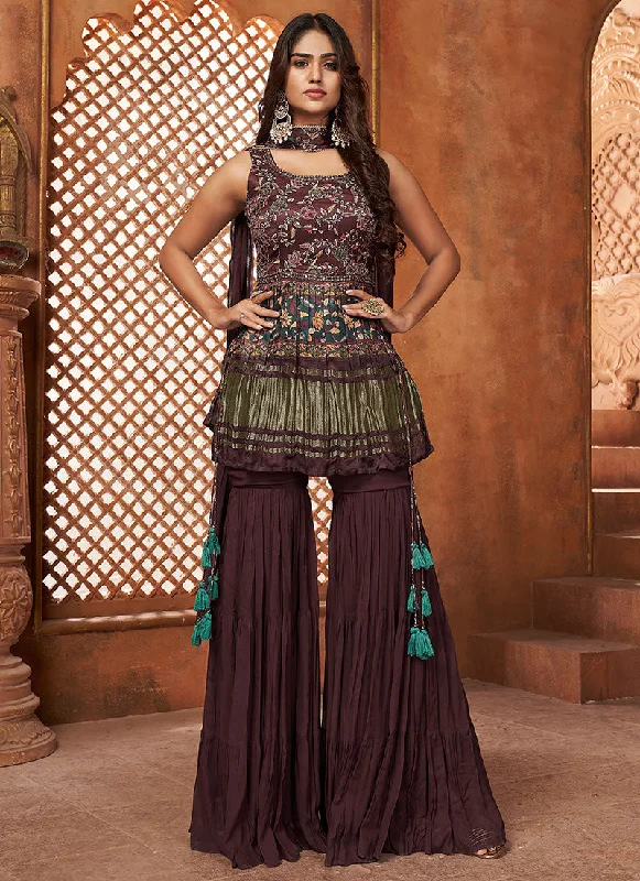 Deep Wine Multi Embroidery Traditional Gharara Style Suit