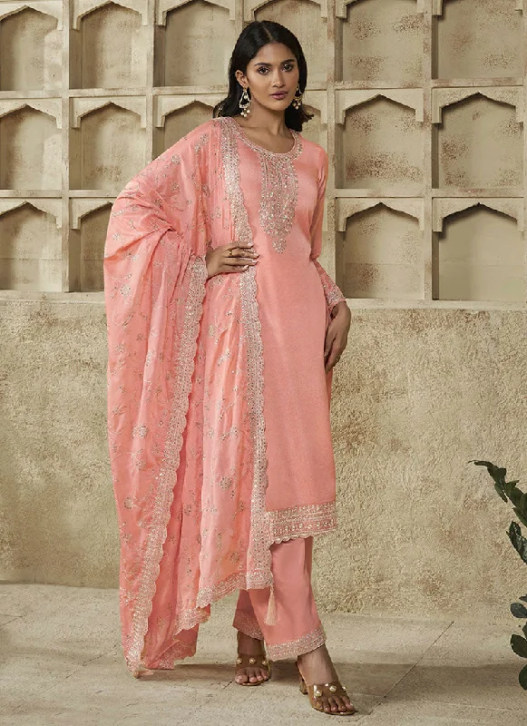 Peach Thread And Sequence Embroidery Pant Suit