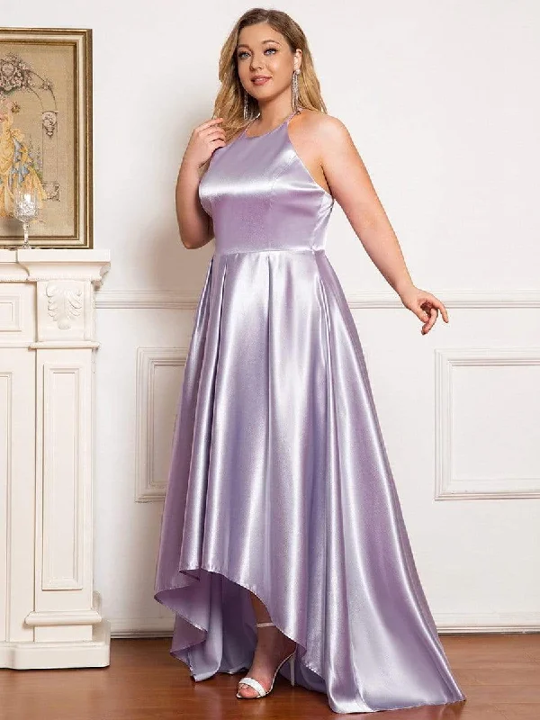 Plus Size Romantic Satin Halter Neck High Low Pleated Prom Dress