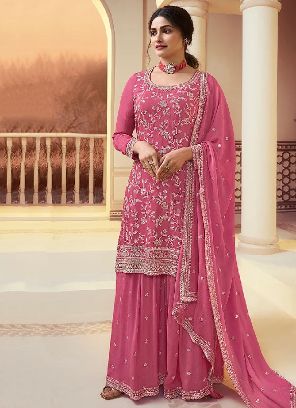 Pink Sequence And Thread Embroidery Palazzo Suit