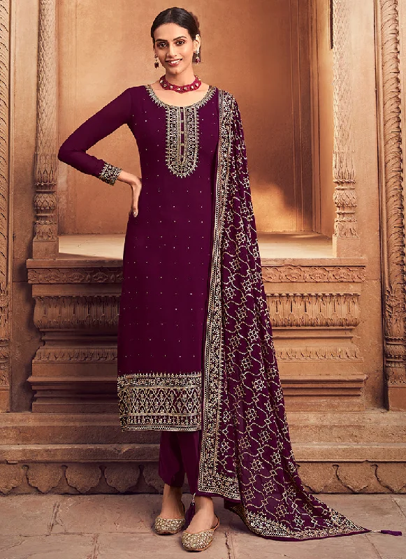 Wine Sequence Embroidery Festive Pant Style Suit