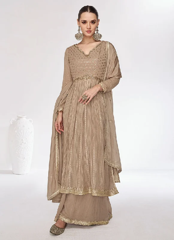 Beige Golden Sequence Embroidery Festive Palazzo Suit