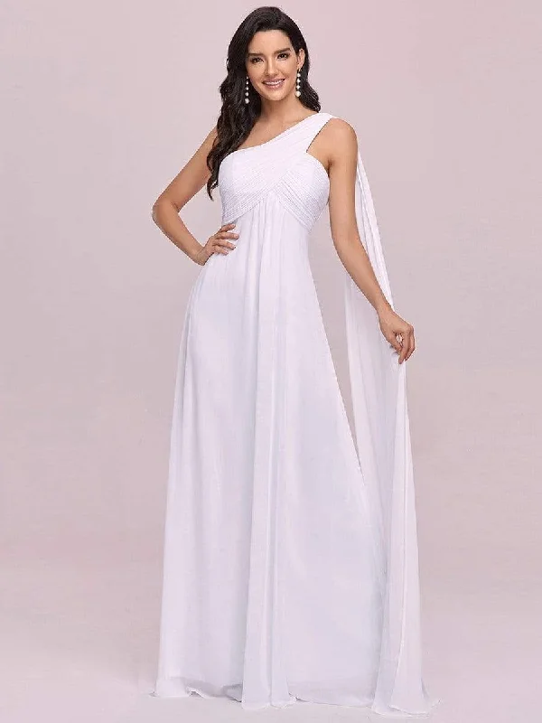 Pleated Bodice One Shoulder Simple Wedding Dress with Long Sash