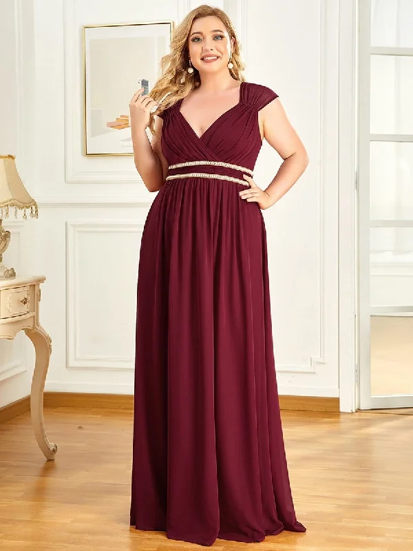 Plus Size V-Neck Sleeveless Beaded Belt Chiffon A-Line Evening Dress