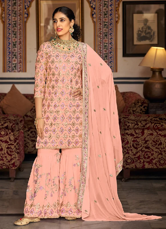 Peach Sequence Embroidery Traditional Gharara Suit