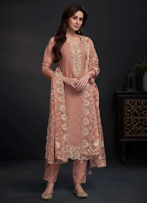 Peach Embroidery Straight Cut Pant Style Salwar Suit