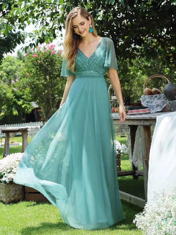 Dusty Blue Flutter Sleeves Sequin Bodice Tulle Evening Dress