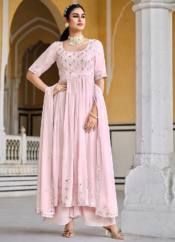 Pink Mirror Work Embroidery Pleated Anarkali Palazzo Suit