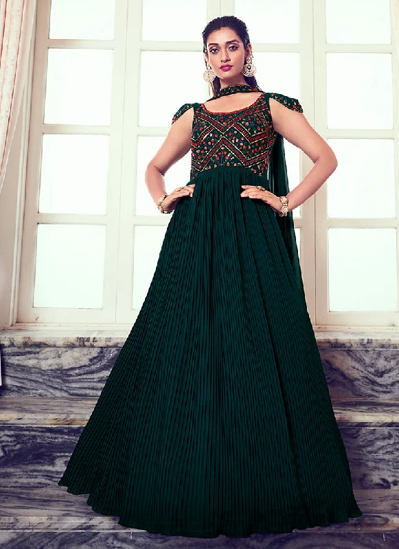 Dark Green Sequence Embroidery Designer Festive Gown