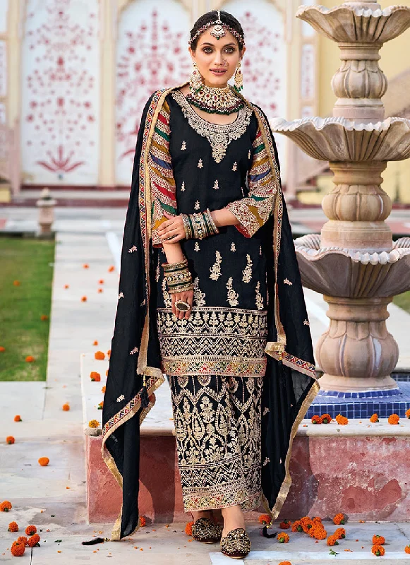 Black Multi Embroidery Traditional Pant Style Suit