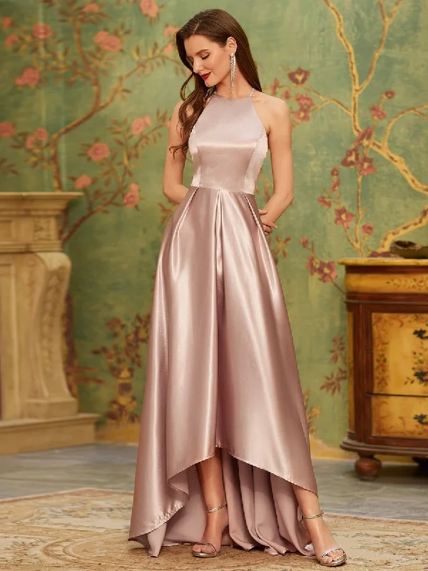 Romantic Satin Halter Neck High Low Pleated Prom Dress