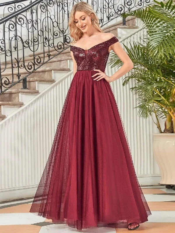 Shiny Sequin Bodice Off the Shoulder Maxi Tulle Evening Dress