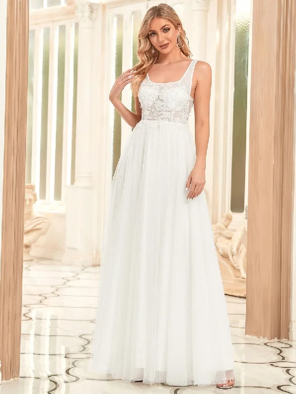 A-Line Tulle Sheer Floral Applique Wedding Dress