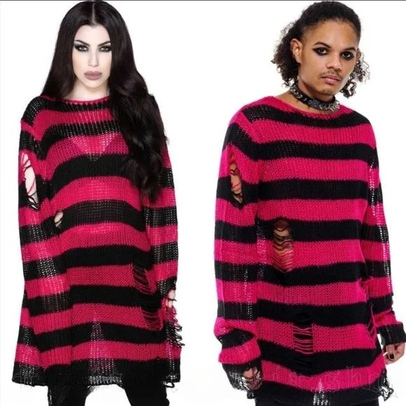 Mika Knit Sweater | Black / Rasberry Stripes Unisex Distressed Long