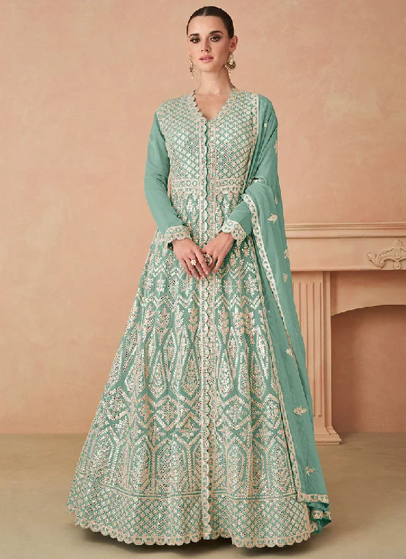 Sea Green Foil Mirror Slit Style Anarkali Lehenga Suit